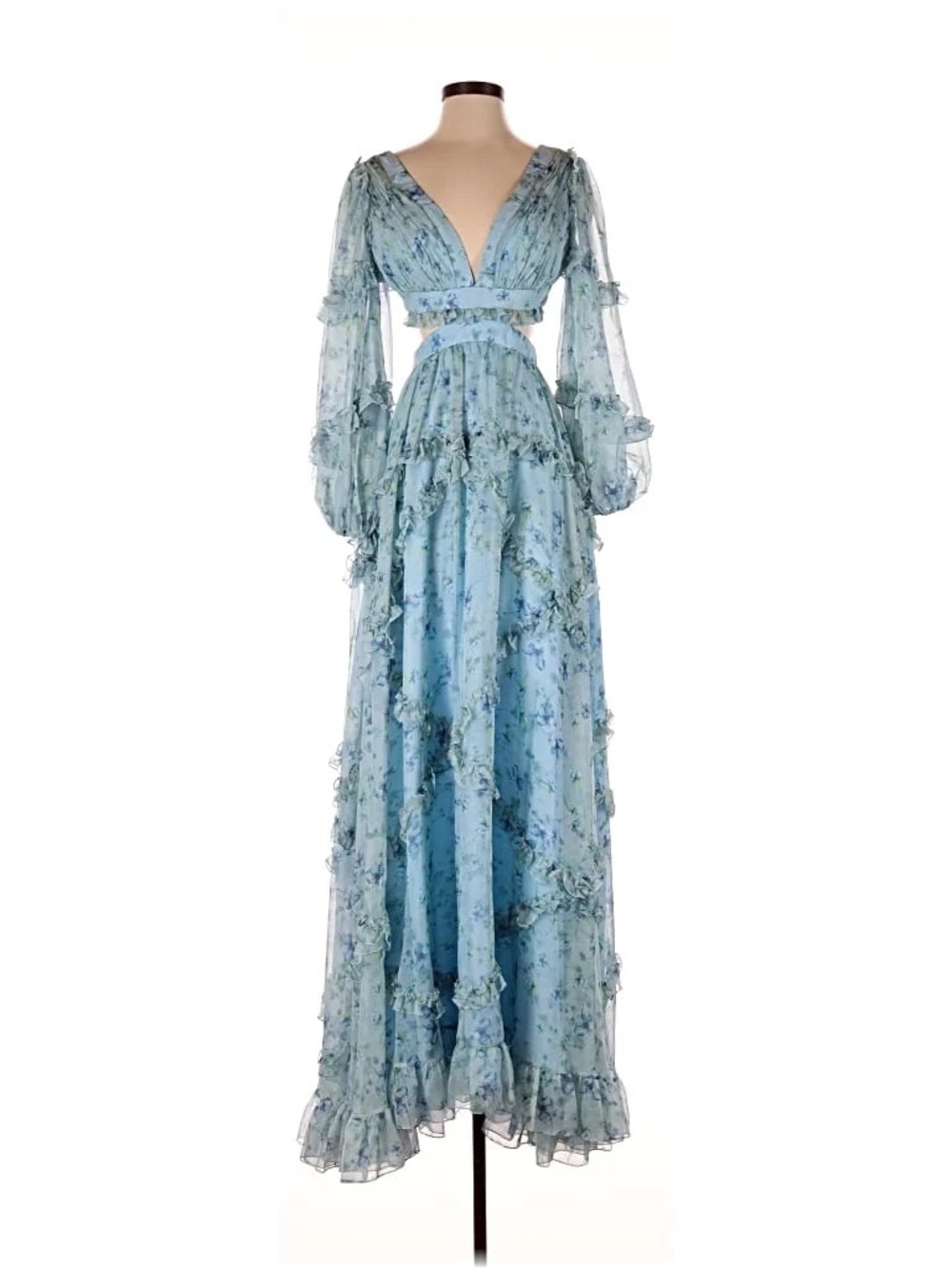 NWT Mac Duggal Pale Blue Floral Long Sleeve Ruffle Maxi Dress